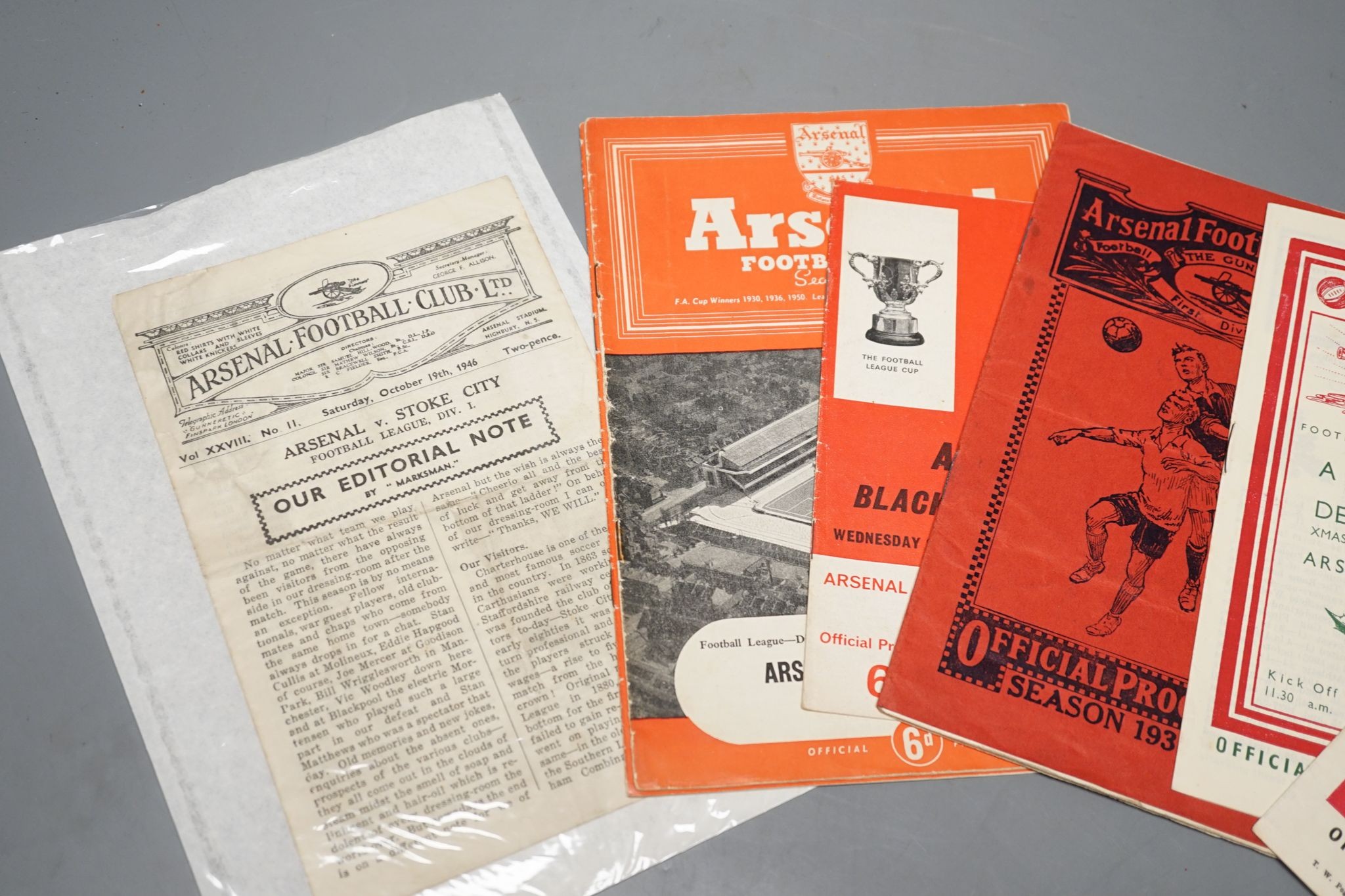 Ten Arsenal Football Club programmes from 1934, together with an album of Nation and Invitation Speedway programmes for events 1940's-1960's